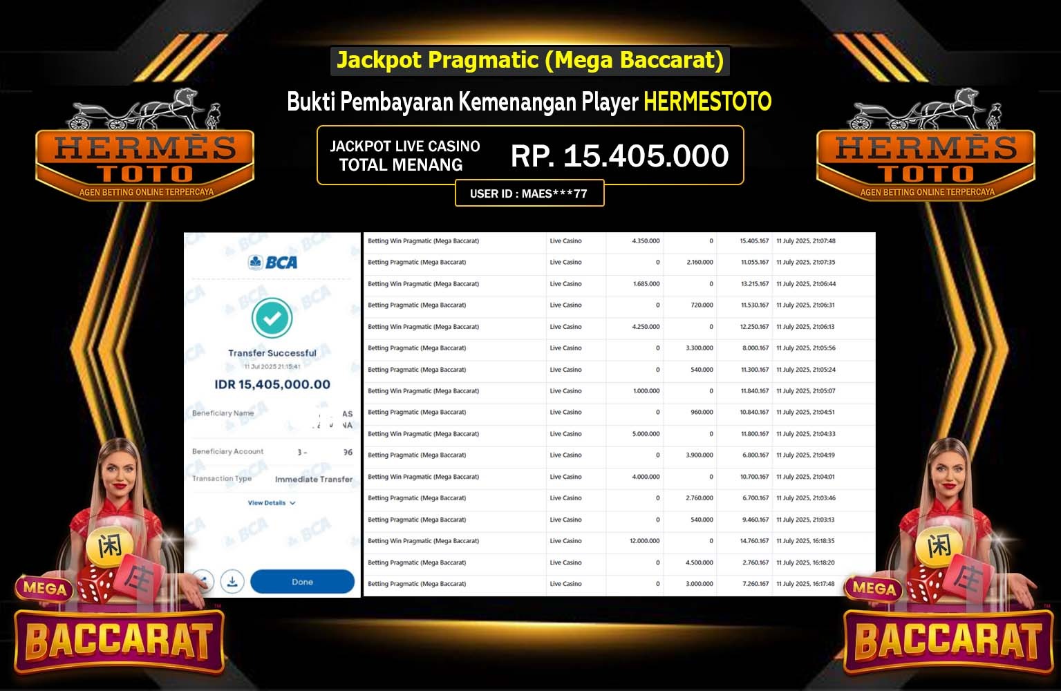 HERMESTOTO JACKPOT LIVE CASINO MEGA BACCARAT  Rp.15.405.000,- LUNAS