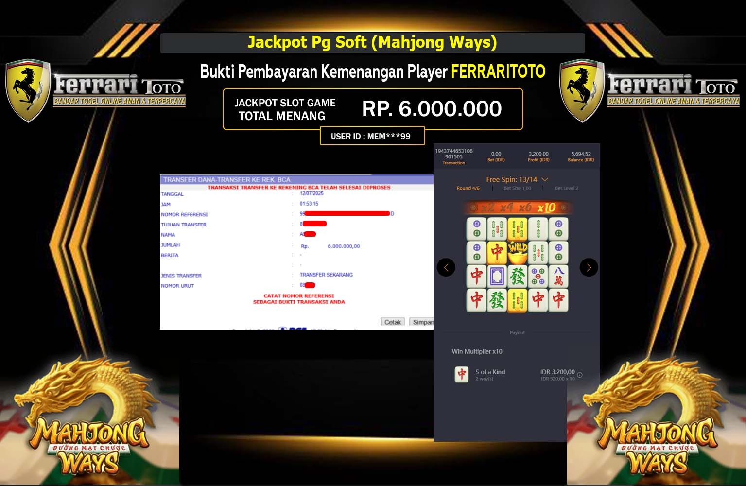 FERRARITOTO JACKPOT PG SOFT (MAHJONG WAYS) Rp.6.000.000,- LUNAS