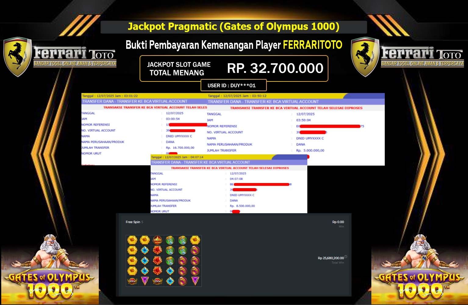 FERARRITOTO JACKPOT PRAGMATIC (GATES OF OLYMPUS 1000) Rp.32.700.000,- LUNAS