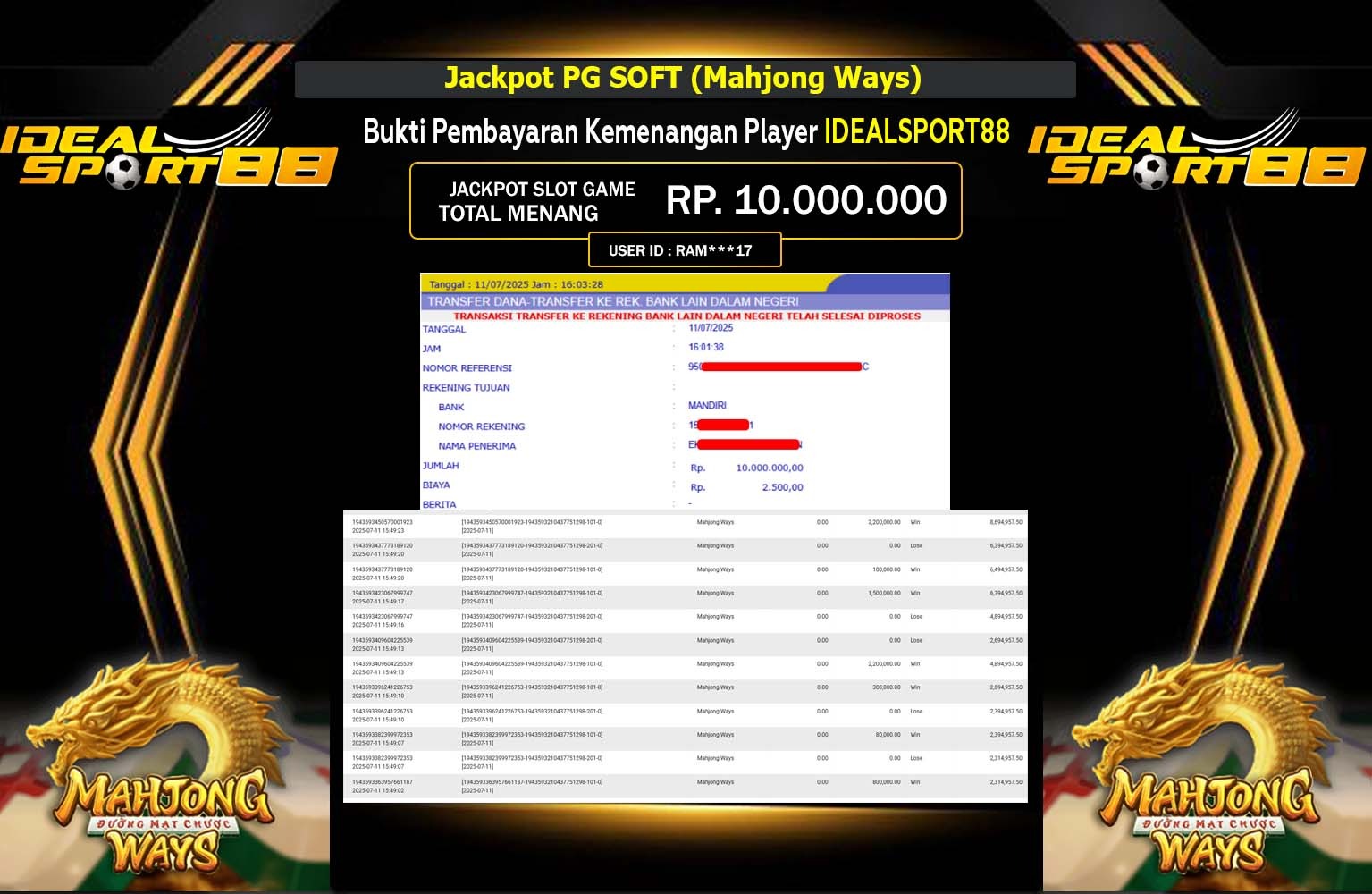 IDEALSPORT88 JACKPOT PG SOFT (MAHJONG WAYS) Rp.10.000.000,- LUNAS