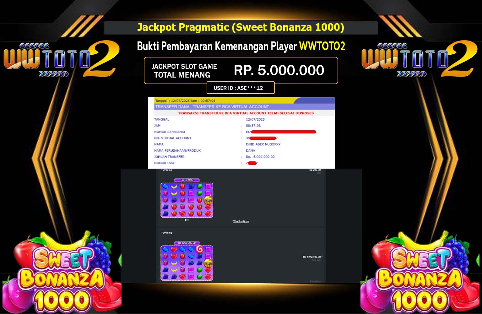 WWTOTO2 JACKPOT PRAGMATIC (SWEET BONANZA 1000)  Rp.5.000.000,- LUNAS