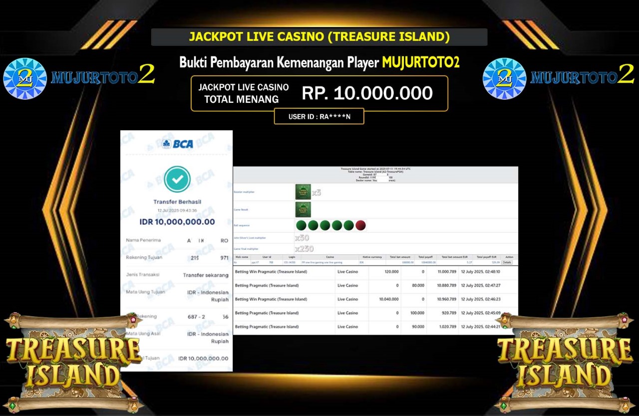 MUJURTOTO2 JACKPOT LIVE CASINO (TREASURE ISLAND)  Rp.10.000.000,- LUNAS