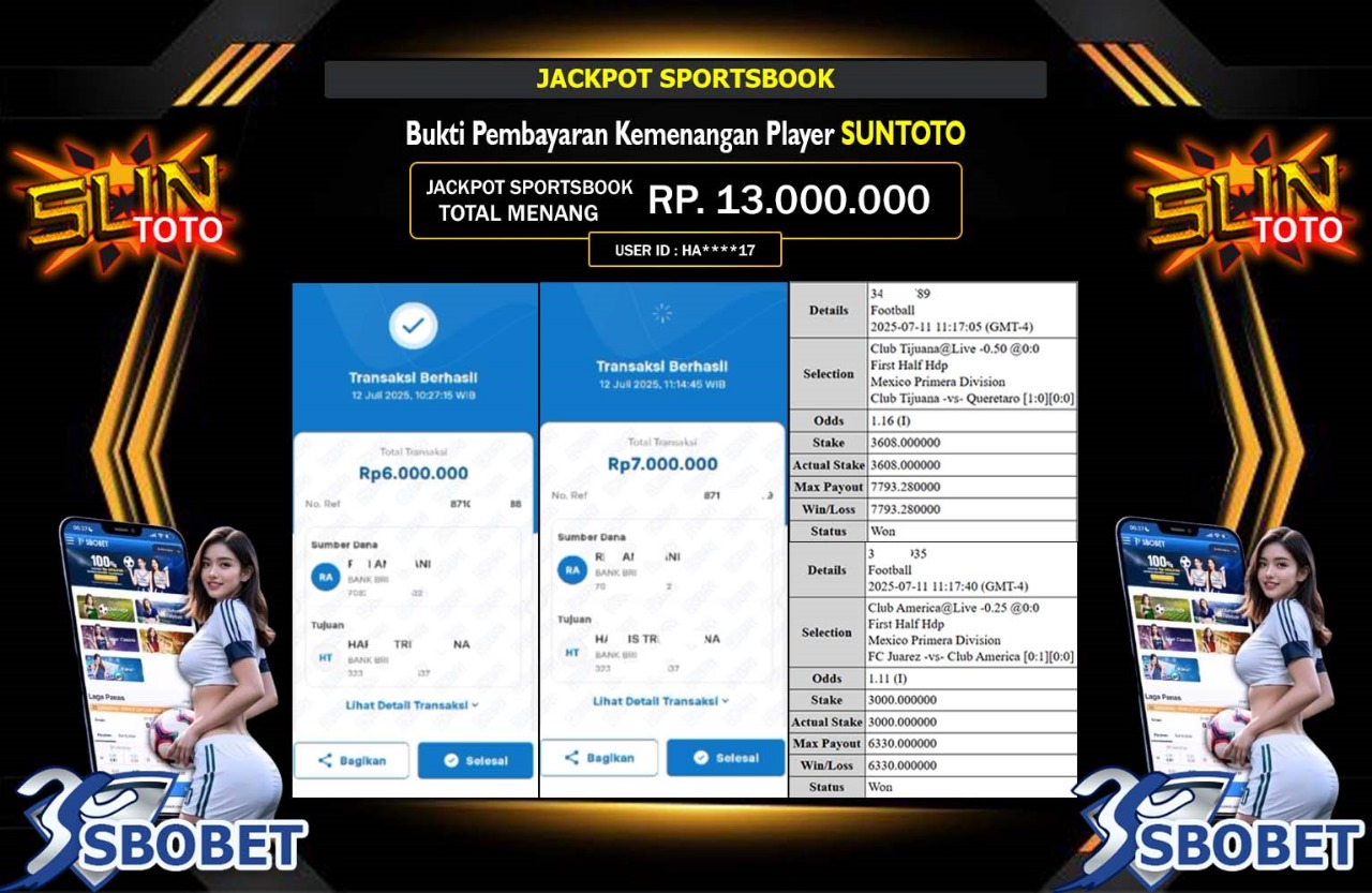 SUNTOTO JACKPOT SPORTSBOOK(SBOBET)  Rp.13.000.000,- LUNAS