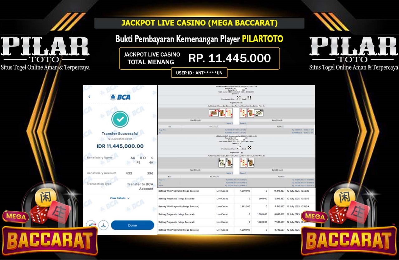 PIALRTOTO JACKPOT LIVE CASINO (MEGA BACCARAT)  Rp.11.445.000,- LUNAS