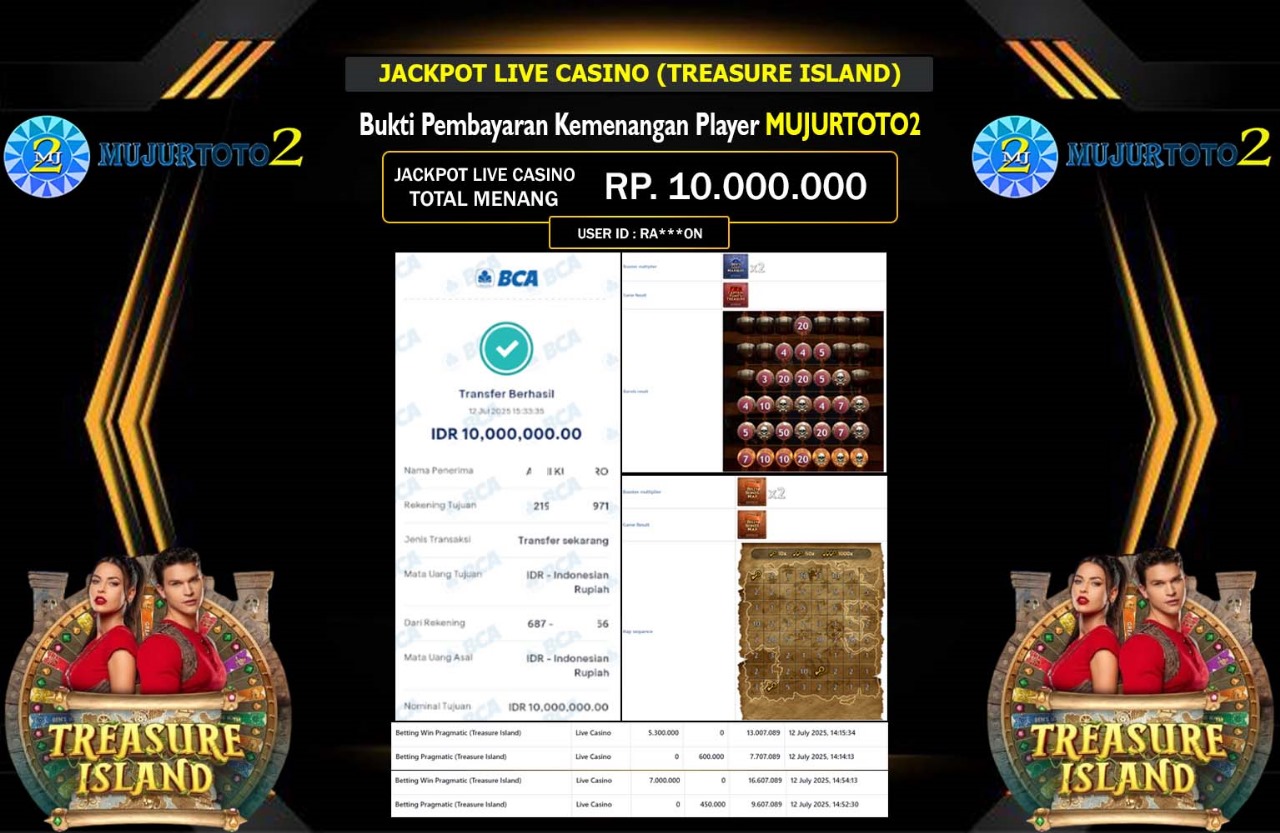 MUJURTOTO2 JACKPOT LIVE CASINO (TREASURE ISLAND) Rp.10.000.000,- LUNAS