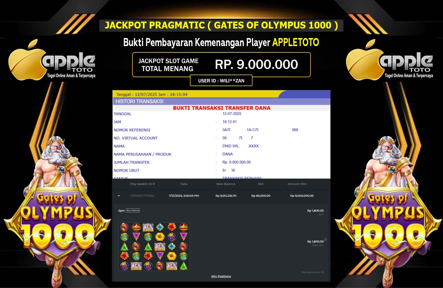 APPLETOTO JACKPOT SLOT GATES OF OLYMPUS 1000  Rp.9.000.000,- LUNAS