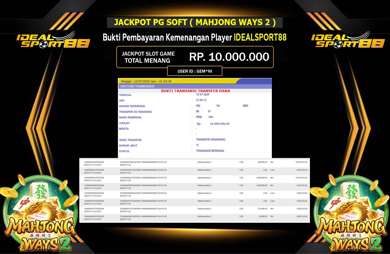 IDEALSPORT88 JACKPOT SLOT MAHJONG WAYS  Rp.10.000.000,- LUNAS