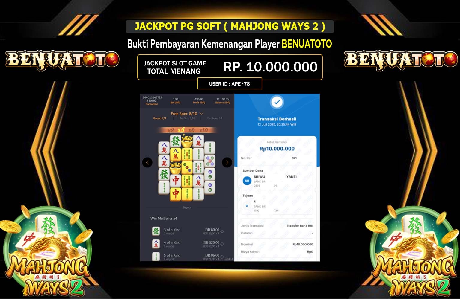 BENUATOTO JACKPOT SLOT MAHJONG WAYS 2  Rp.10.000.000,- LUNAS