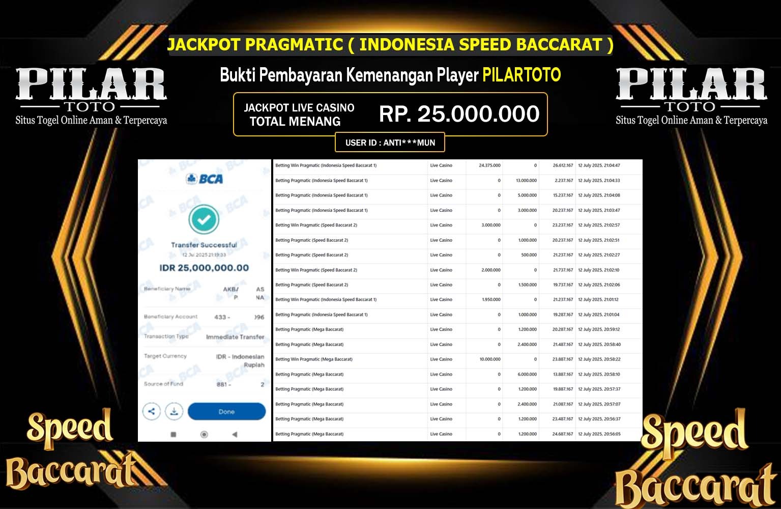 PILARTOTO JACKPOT LIVE CASINO INDONESIA SPEED BACCARAT  Rp.25.000.000,- LUNAS