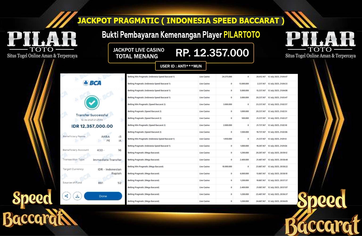 PILARTOTO JACKPOT LIVE CASINO INDONESIA SPEED BACCARAT  Rp.12.357.000,- LUNAS