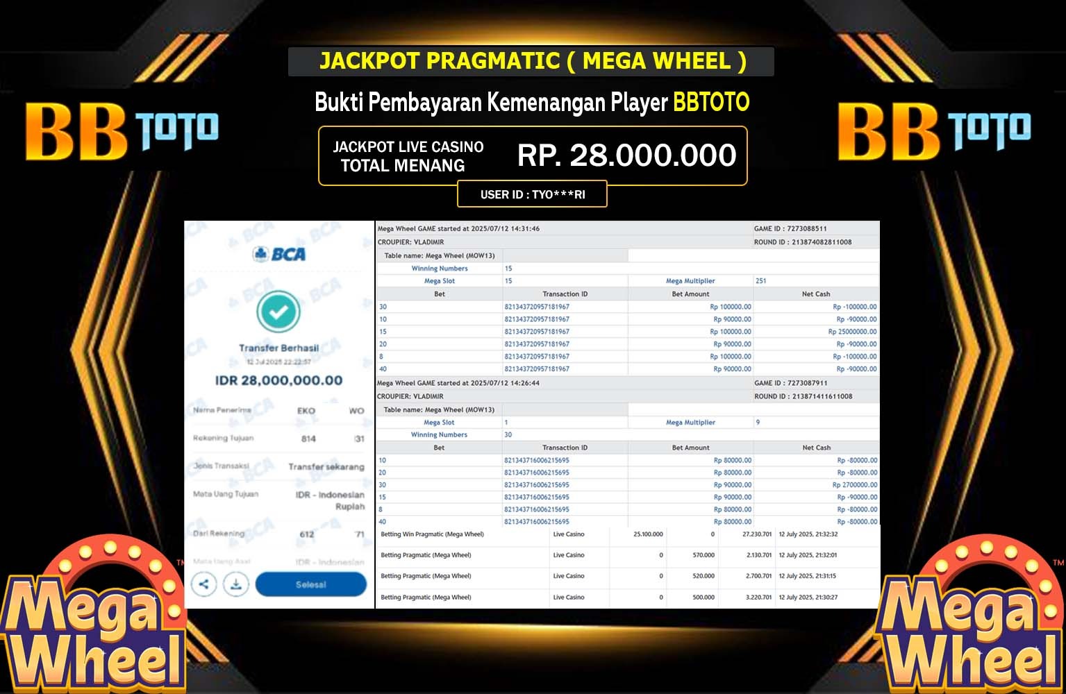 BBTOTO JACKPOT LIVE CASINO MEGA WHEEL  Rp.28.000.000,- LUNAS