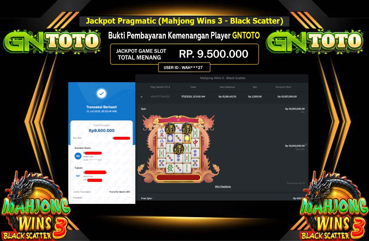 GNTOTO JACKPOT Pragmatic (Mahjong Wins 3 - Black Scatter) Rp.9.500.000,- LUNAS