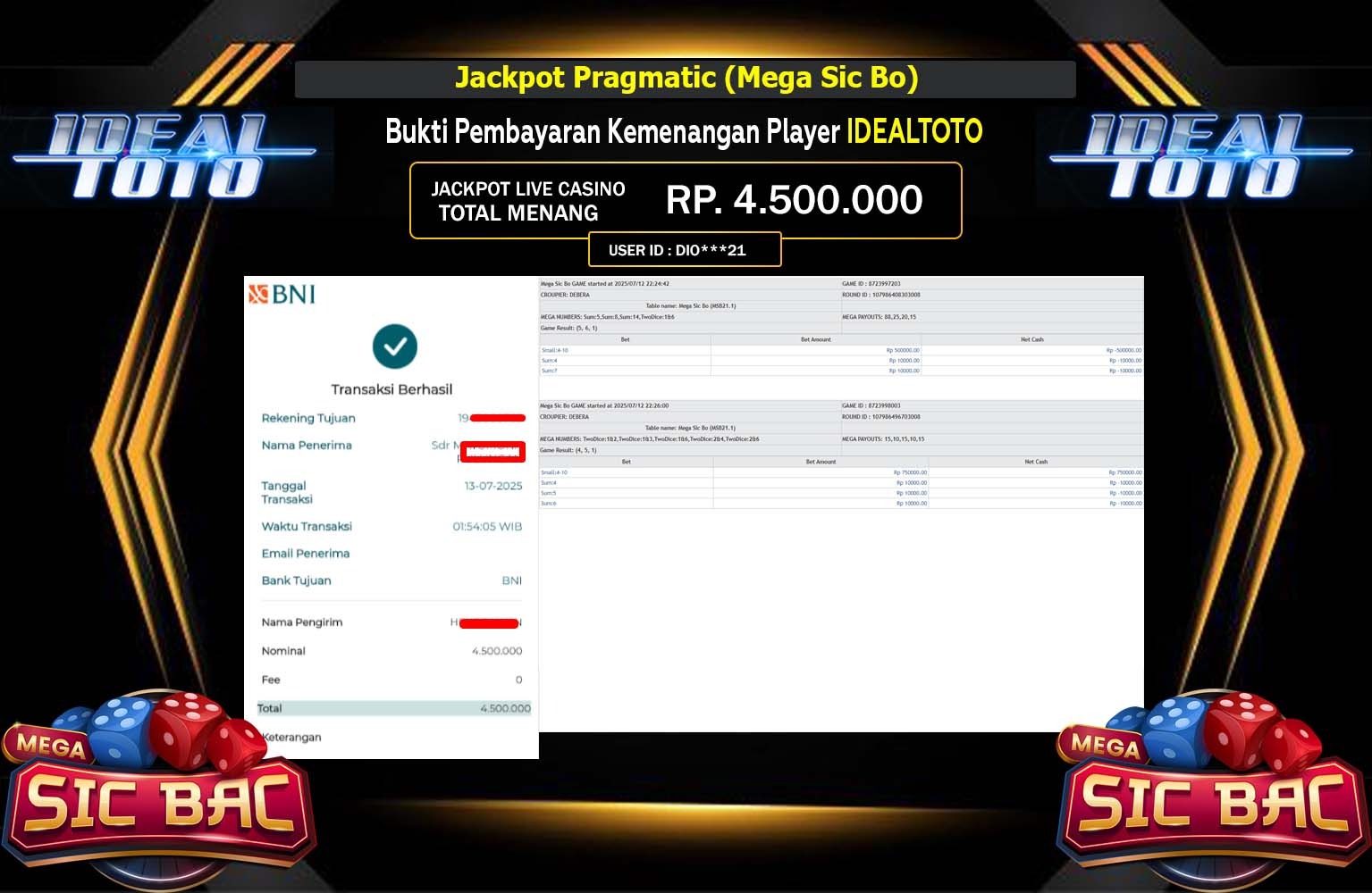 IDEALTOTO JACKPOT LIVE CASINO MEGA SIC BO Rp.4.500.000,- LUNAS