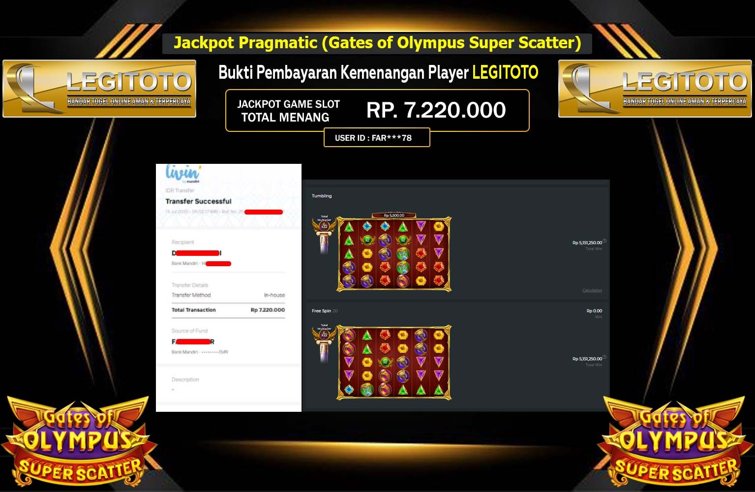 LEGITOTO JACKPOT SLOT GATES OF OLYMPUS SUPPER SCATTER  Rp.7.220.000,- LUNAS
