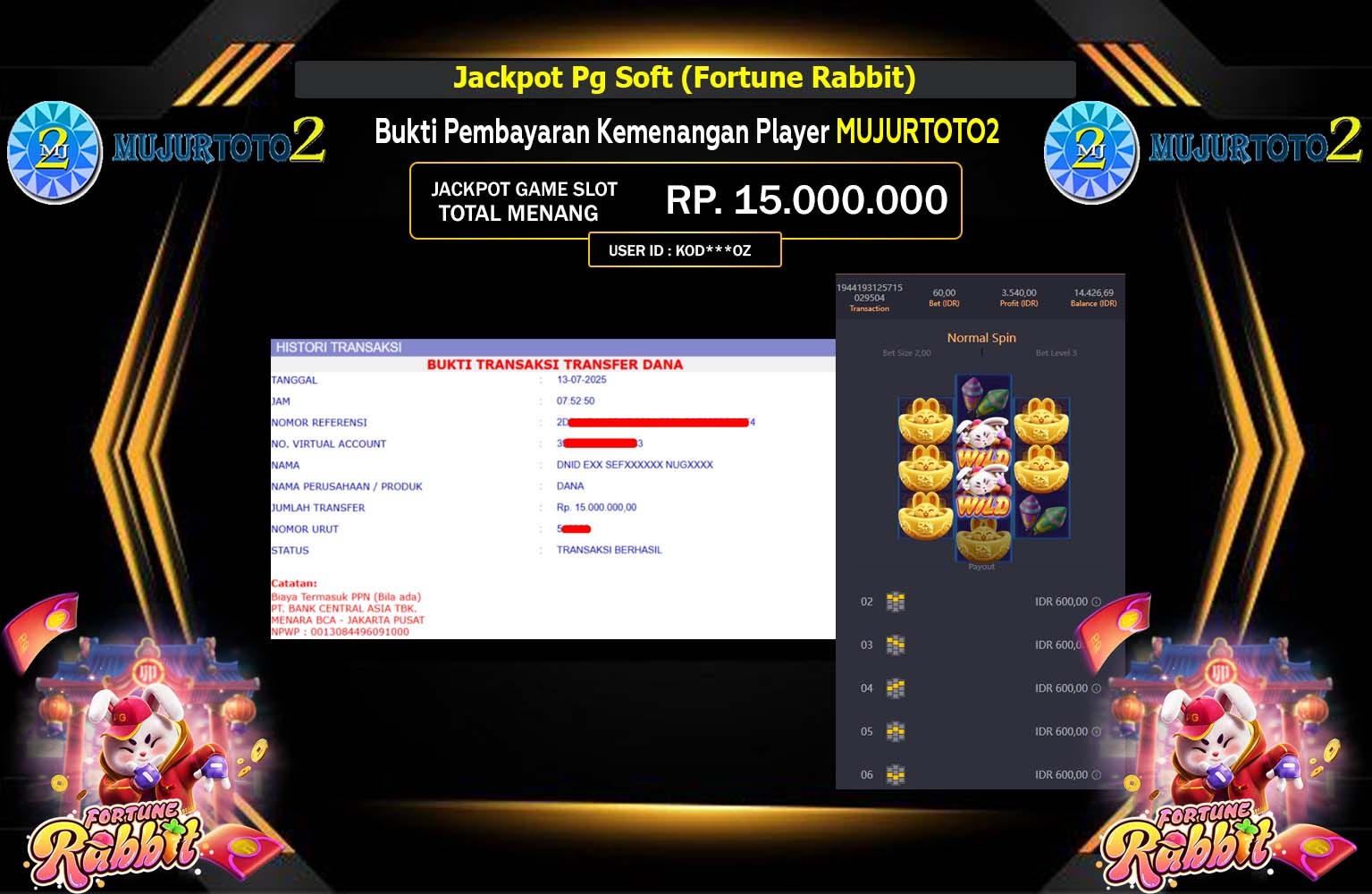 MUJURTOTO2 JACKPOT Pg Soft (Fortune Rabbit) Rp.15.000.000,- LUNAS