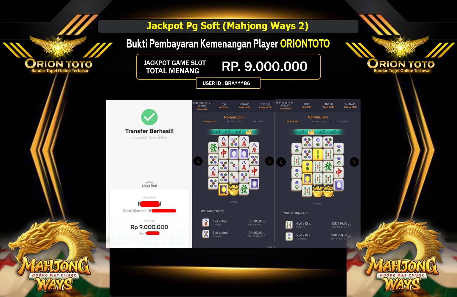 ORIONTOTO JACKPOT PG SOFT MAHJONG WAYS 2 Rp.9.000.000,- LUNAS