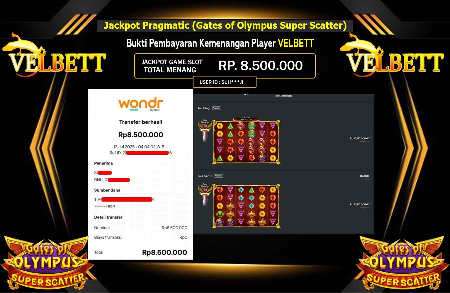 VELBETT JACKPOT Pragmatic (Gates of Olympus Super Scatter) Rp.8.500.000,- LUNAS