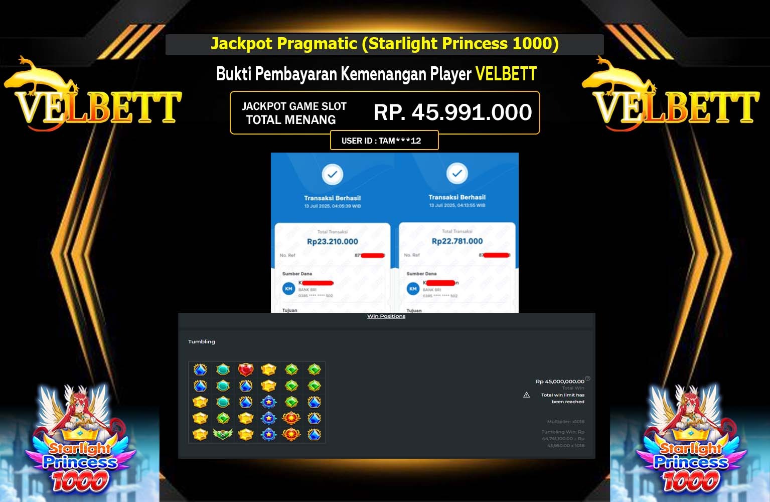 VELBETT JACKPOT Pragmatic (Starlight Princess 1000) Rp.45.991.000,- LUNAS