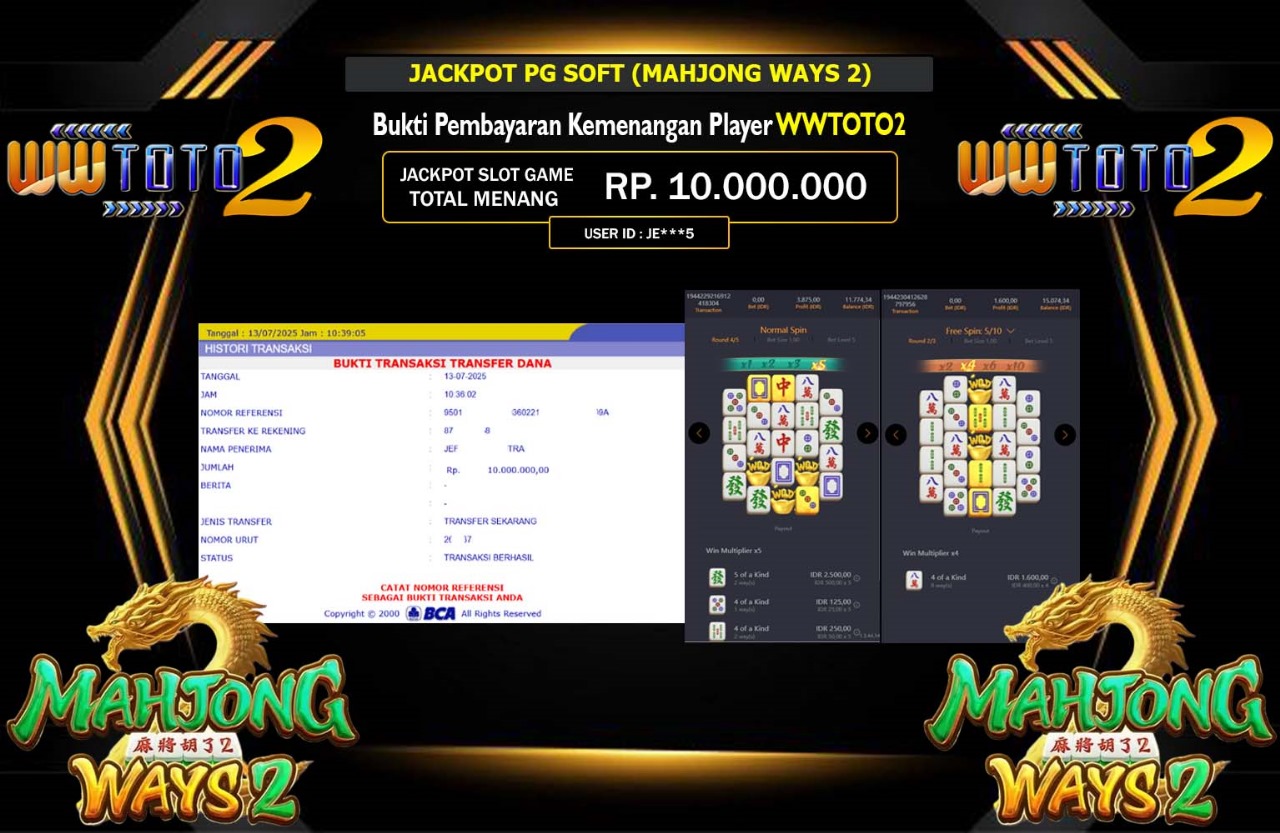 WWTOTO2 JACKPOT PG SOFT (MAHJONG WAYS 2) Rp.10.000.000,- LUNAS