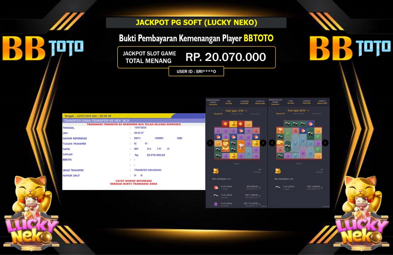BBTOTO JACKPOT PG SOFT (LUCKY NEKO) Rp.20.070.000,- LUNAS