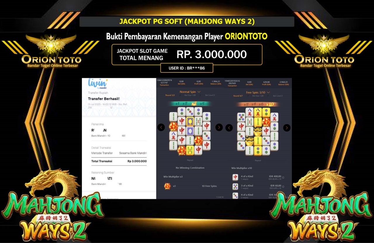 ORIONTOTO JACKPOT PG SOFT (MAHJONG WAYS 2) Rp.3.000.000,- LUNAS