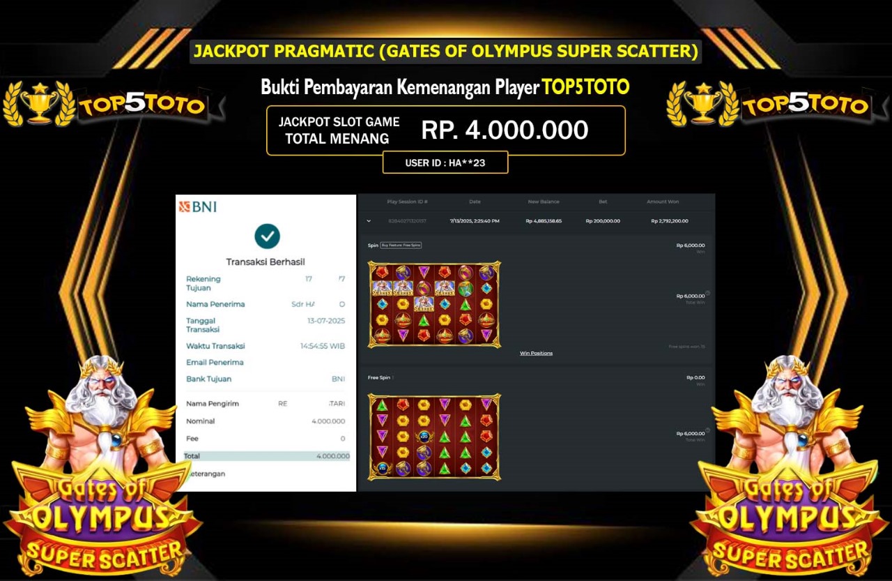 TOP5TOTO JACKPOT PRAGMATIC (GATES OF OLYMPUS SUPER SCATTER) Rp.4.000.000,- LUNAS