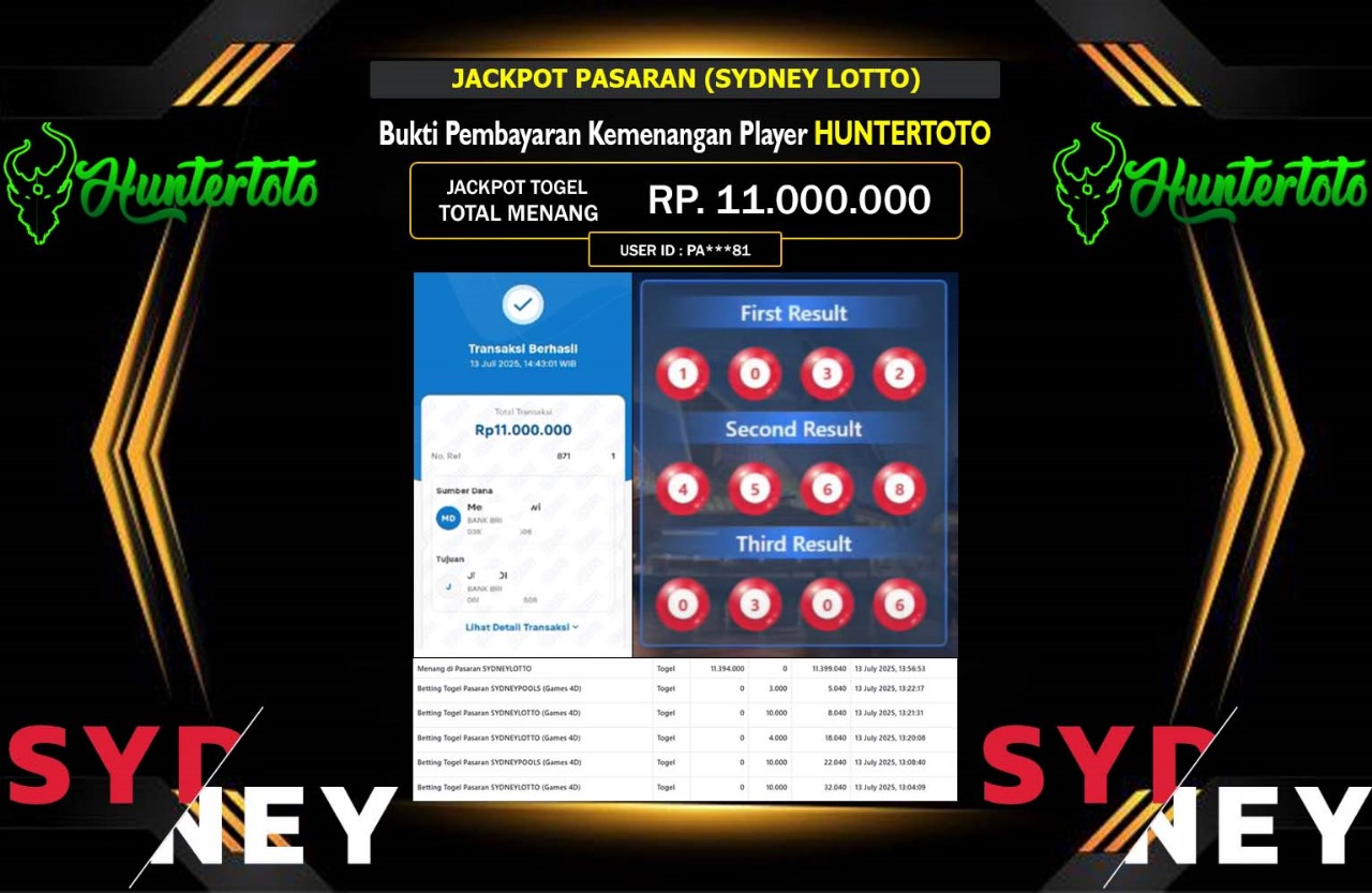 HUNTERTOTO JACKPOT PASARAN (SYDNEY LOTTO) Rp.11.000.000,- LUNAS