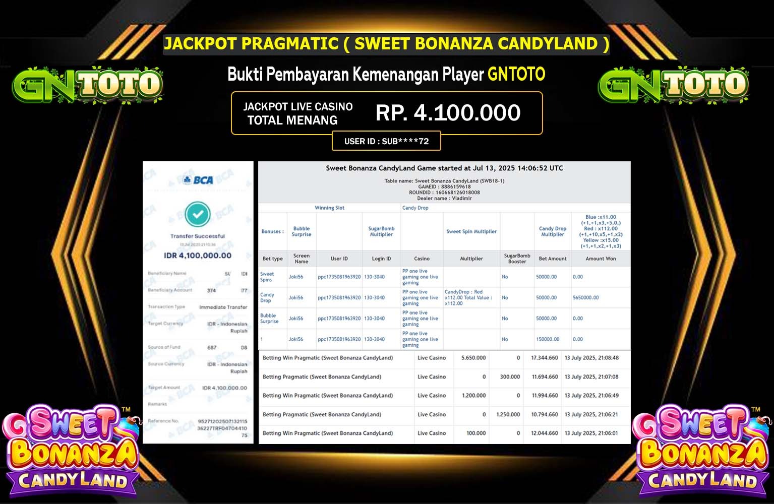 GNTOTO JACKPOT LIVE CASINO SWEET BONANZA CANDYLAND  Rp.4.100.000,- LUNAS