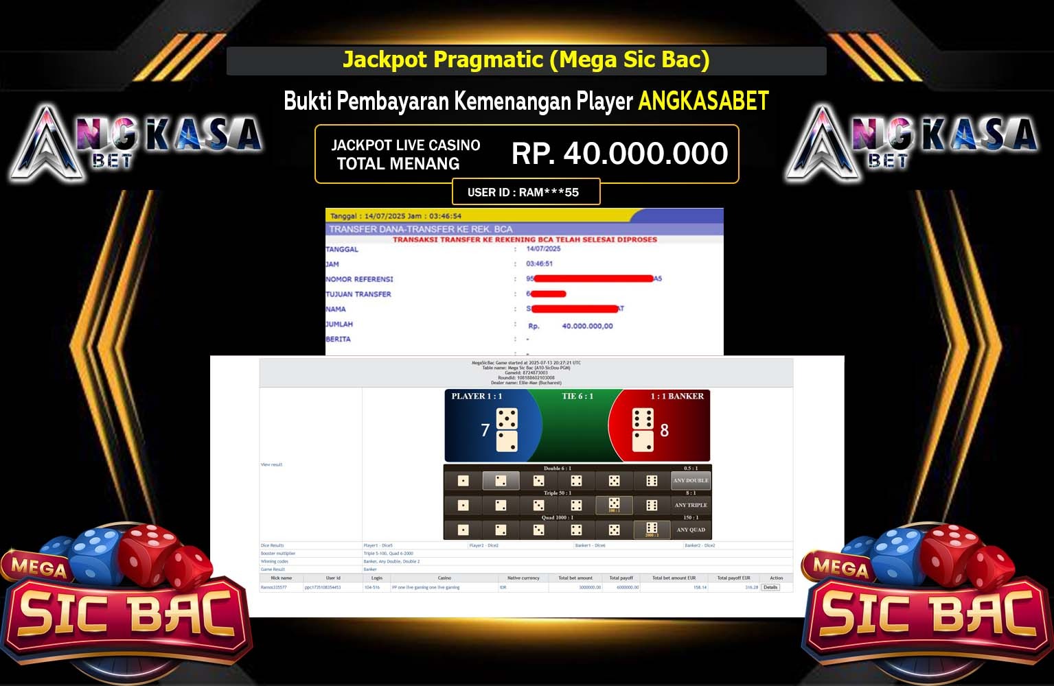 ANGKASABET JACKPOT LIVE CASINO (MEGA SIC BAC) Rp.40.000.000,- LUNAS