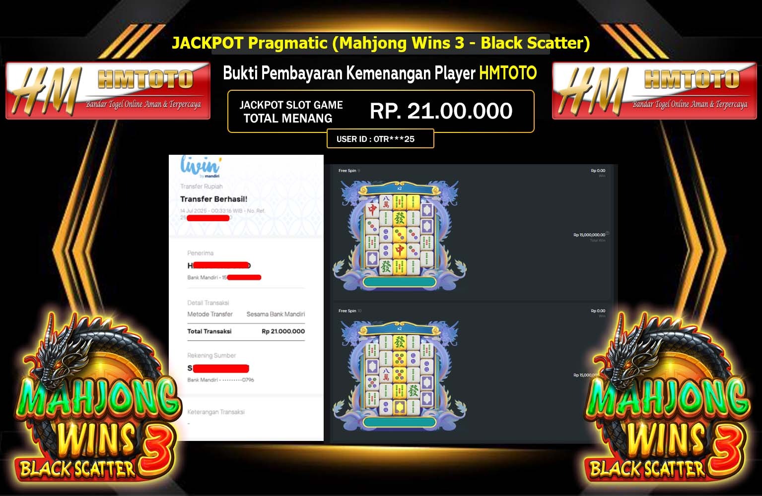 HMTOTO JACKPOT PRAGMATIC (MAHJONG WINS 3 - BLACK SCATTER) Rp.21.000.000,- LUNAS