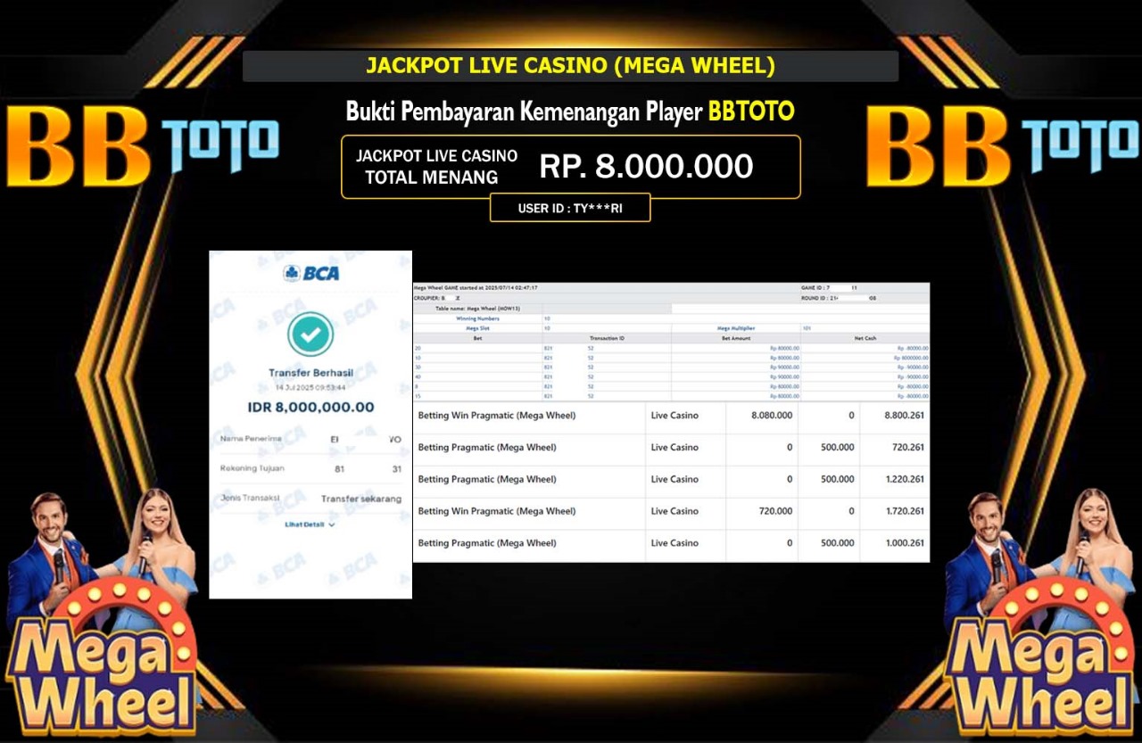 BBTOTO JACKPOT LIVE CASINO (MEGA WHEEL) Rp.8.000.000,- LUNAS
