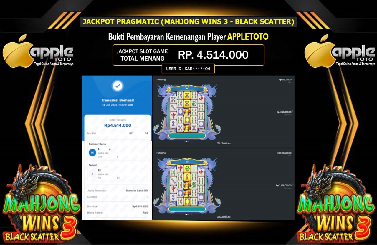 APPLETOTO JACKPOT PRAGMATIC (MAHJONG WINS 3 - BLACK SCATTER) Rp.4.514.000,- LUNAS