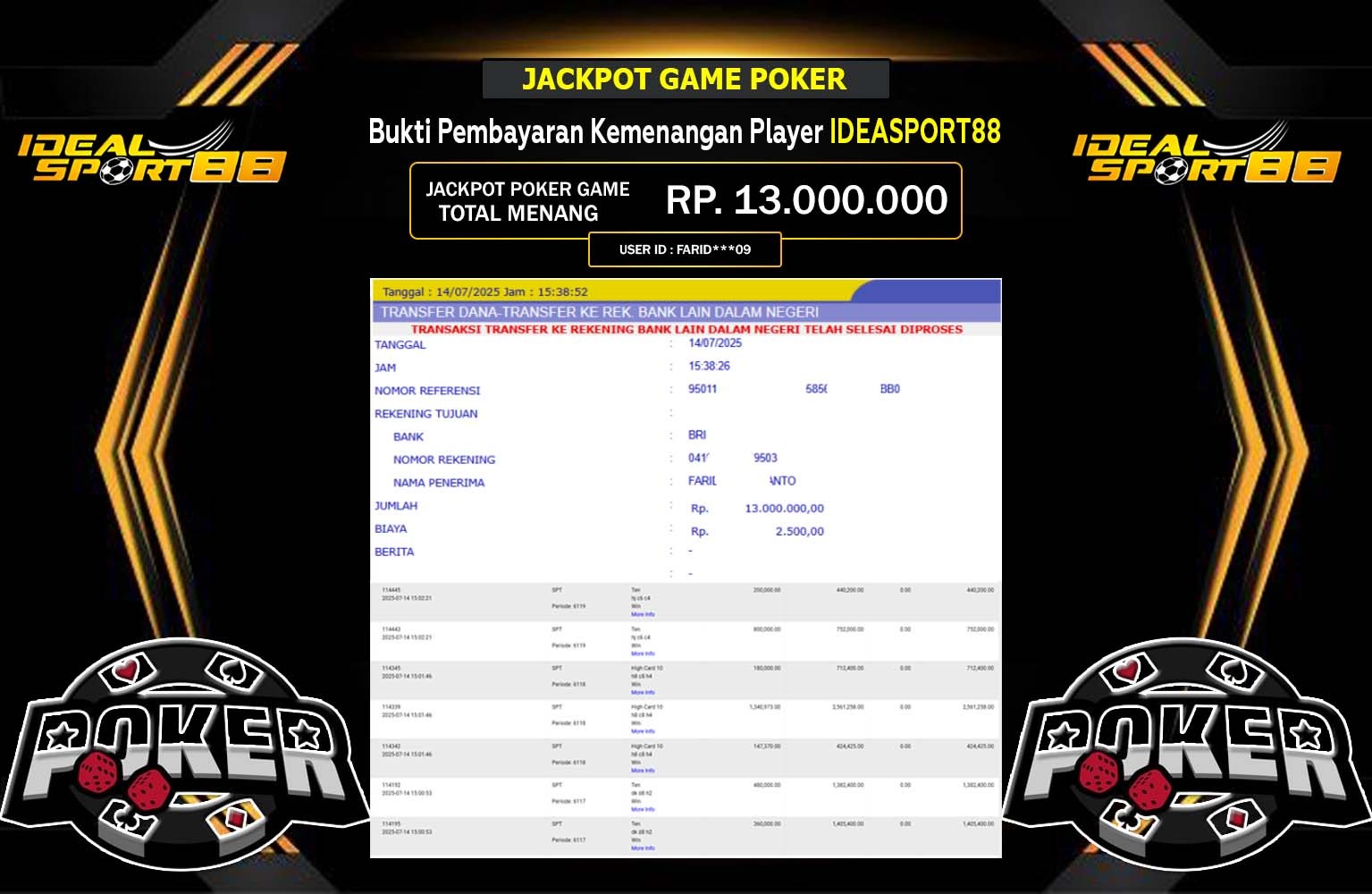 IDEALSPORT88 JACKPOT POKER GAME Rp.13.000.000,- LUNAS
