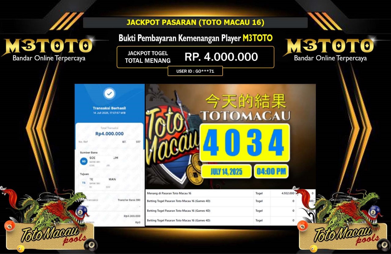 M3TOTO JACKPOT PASARAN (TOTO MACAU 16) Rp.4.000.000,- LUNAS
