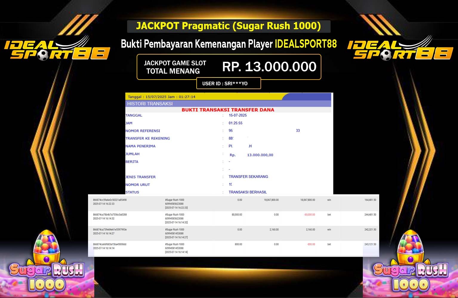 IDEALSPORT88 JACKPOT PRAGMATIC SUGAR RUSH 1000 Rp.13.000.000,- LUNAS