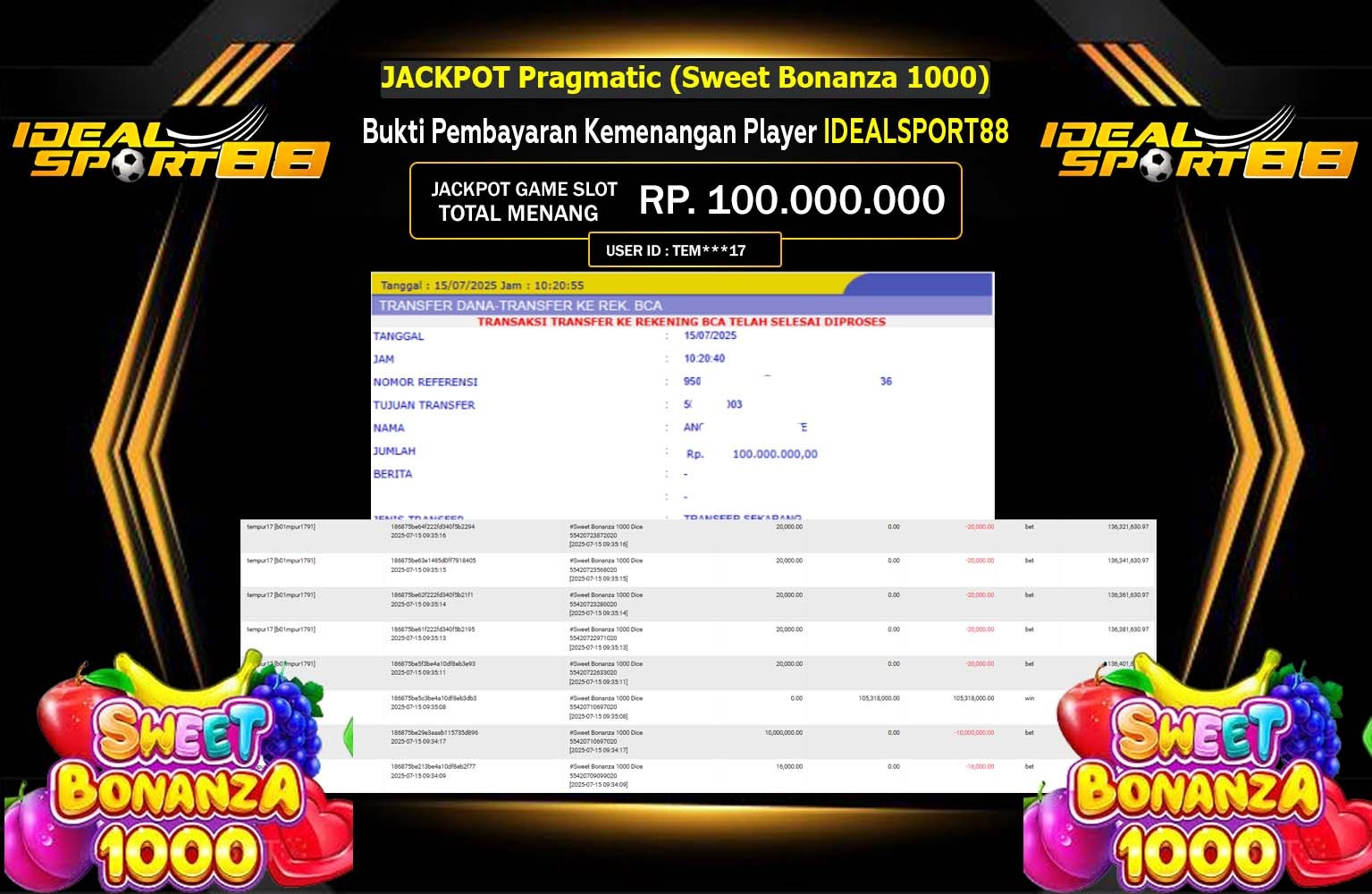 IDEALSPORT88 JACKPOT PRAGMATIC (Sweet Bonanza 1000) Rp.100.000.000,- LUNAS