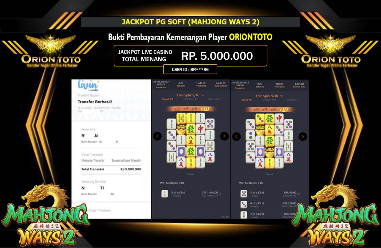 ORIONTOTO JACKPOT PG SOFT (MAHJONG WAYS 2) Rp.5.000.000,- LUNAS
