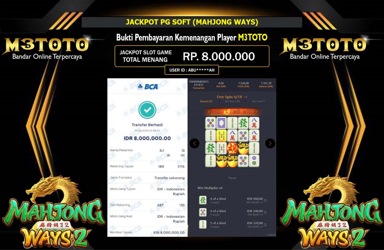 M3TOTO JACKPOT PG SOFT (MAHJONG WAYS) Rp.8.000.000,- LUNAS