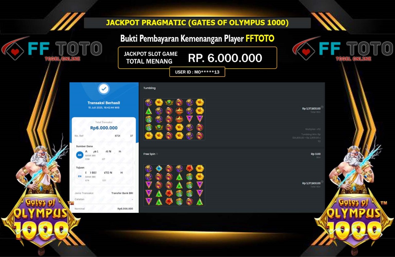 FFTOTO JACKPOT PRAGMATIC (GATES OF OLYMPUS 1000) Rp.6.000.000,- LUNAS