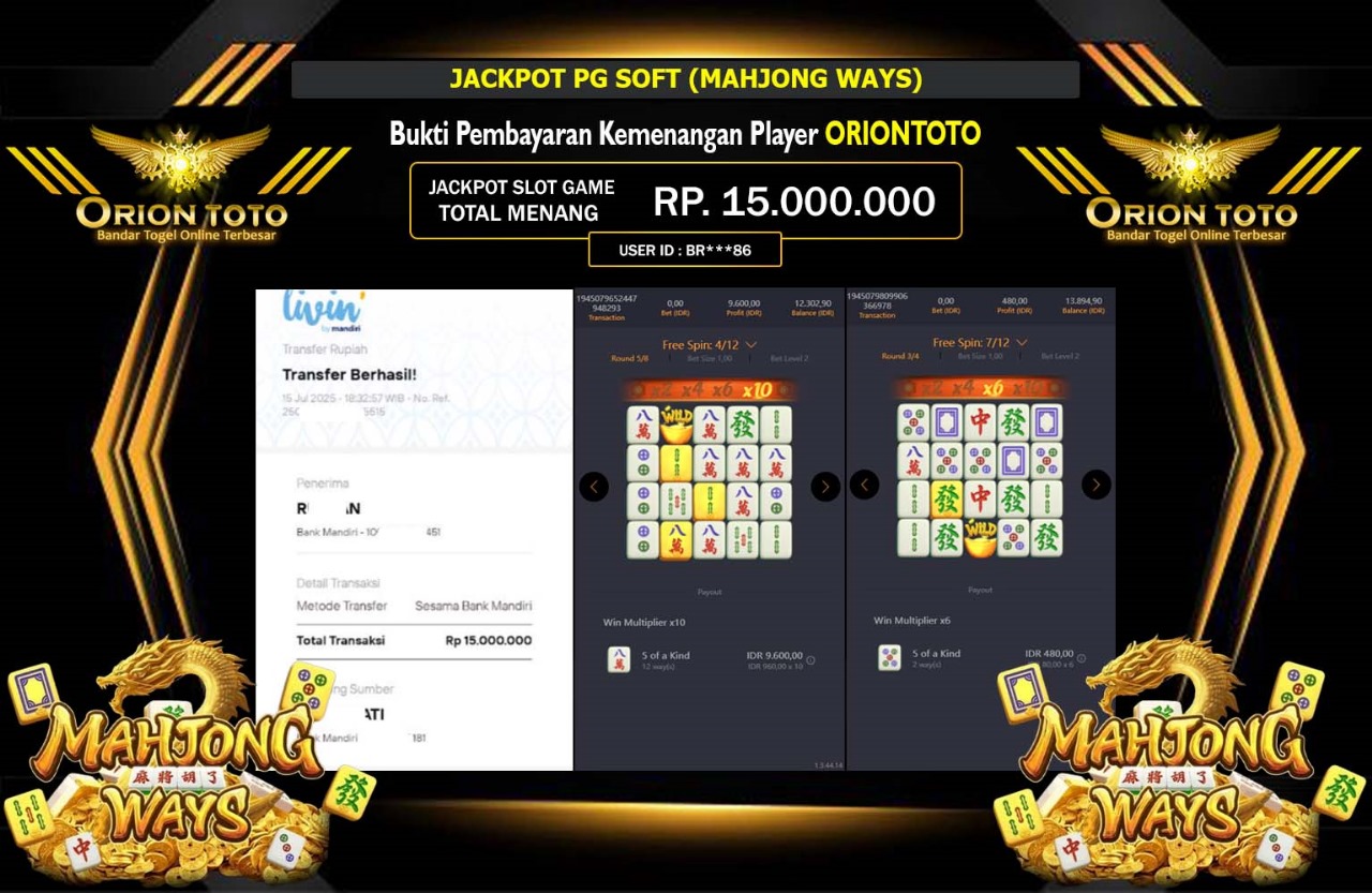 ORIONTOTO JACKPOT PG SOFT (MMAHJONG WAYS) Rp.15.000.000,- LUNAS