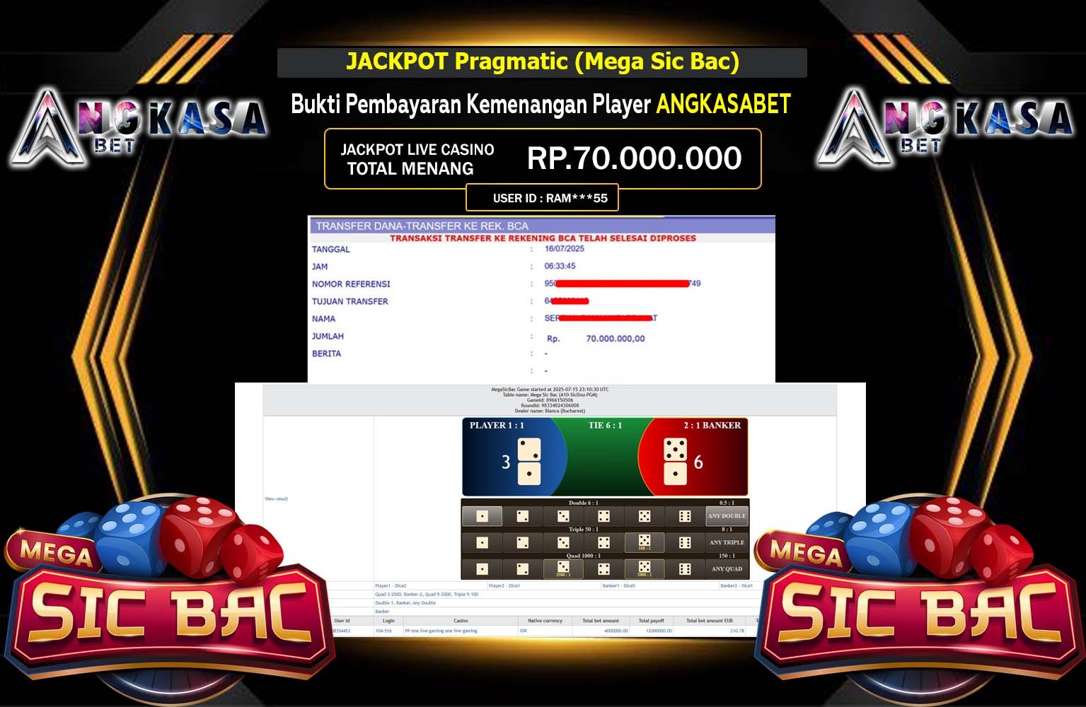 ANGKASABET JACKPOT LIVE CASINO (MEGA SIC BAC) Rp.70.000.000,- LUNAS