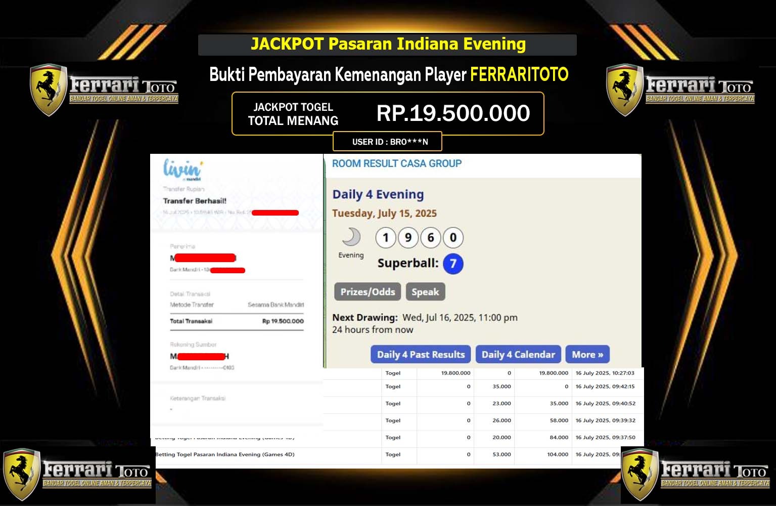 FERRARITOTO JACKPOT PASARAN Indiana Evening Rp.19.500.000,- LUNAS