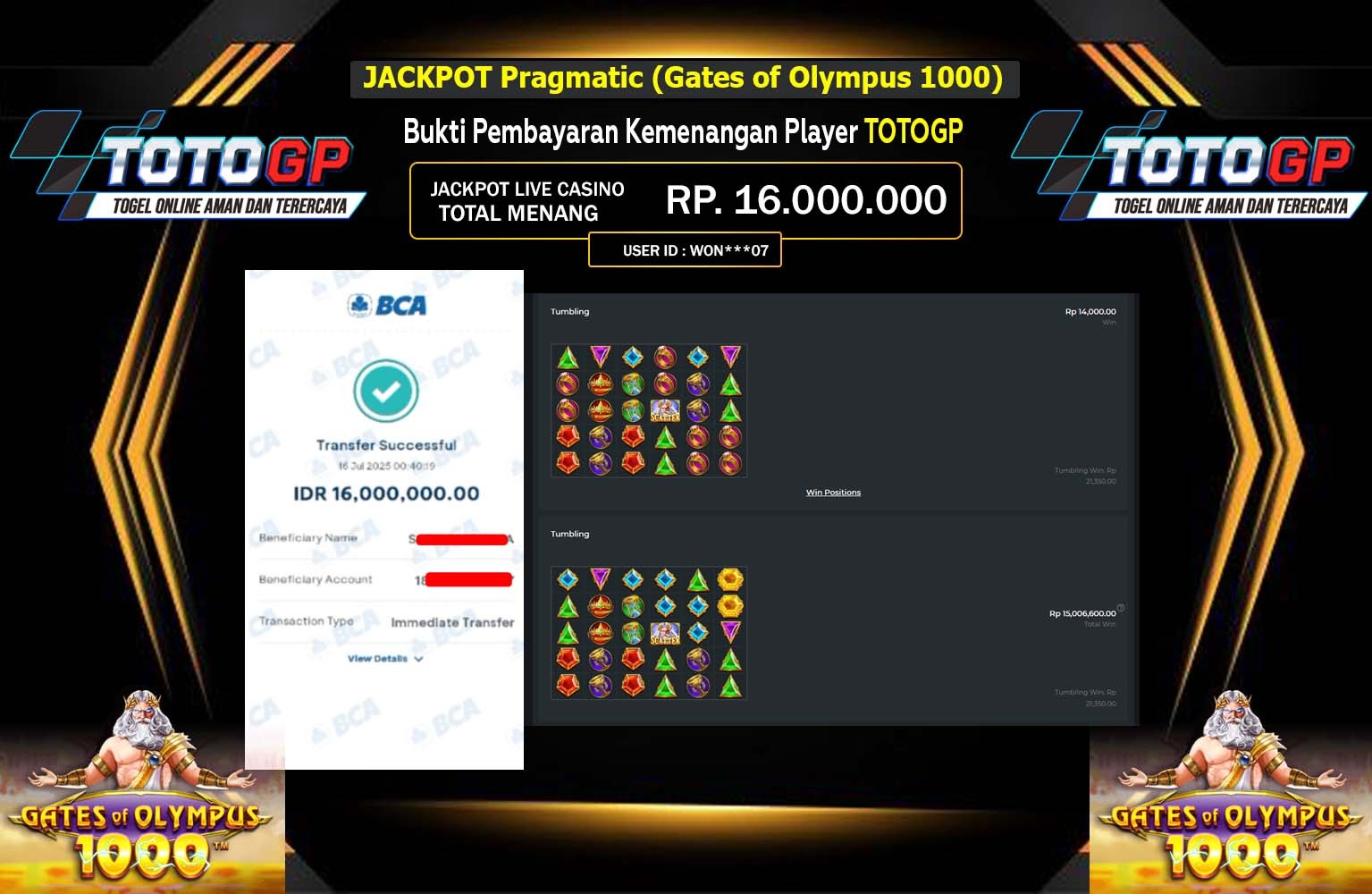 TOTOGP JACKPOT Pragmatic (Gates of Olympus 1000)  Rp.16.000.000,- LUNAS