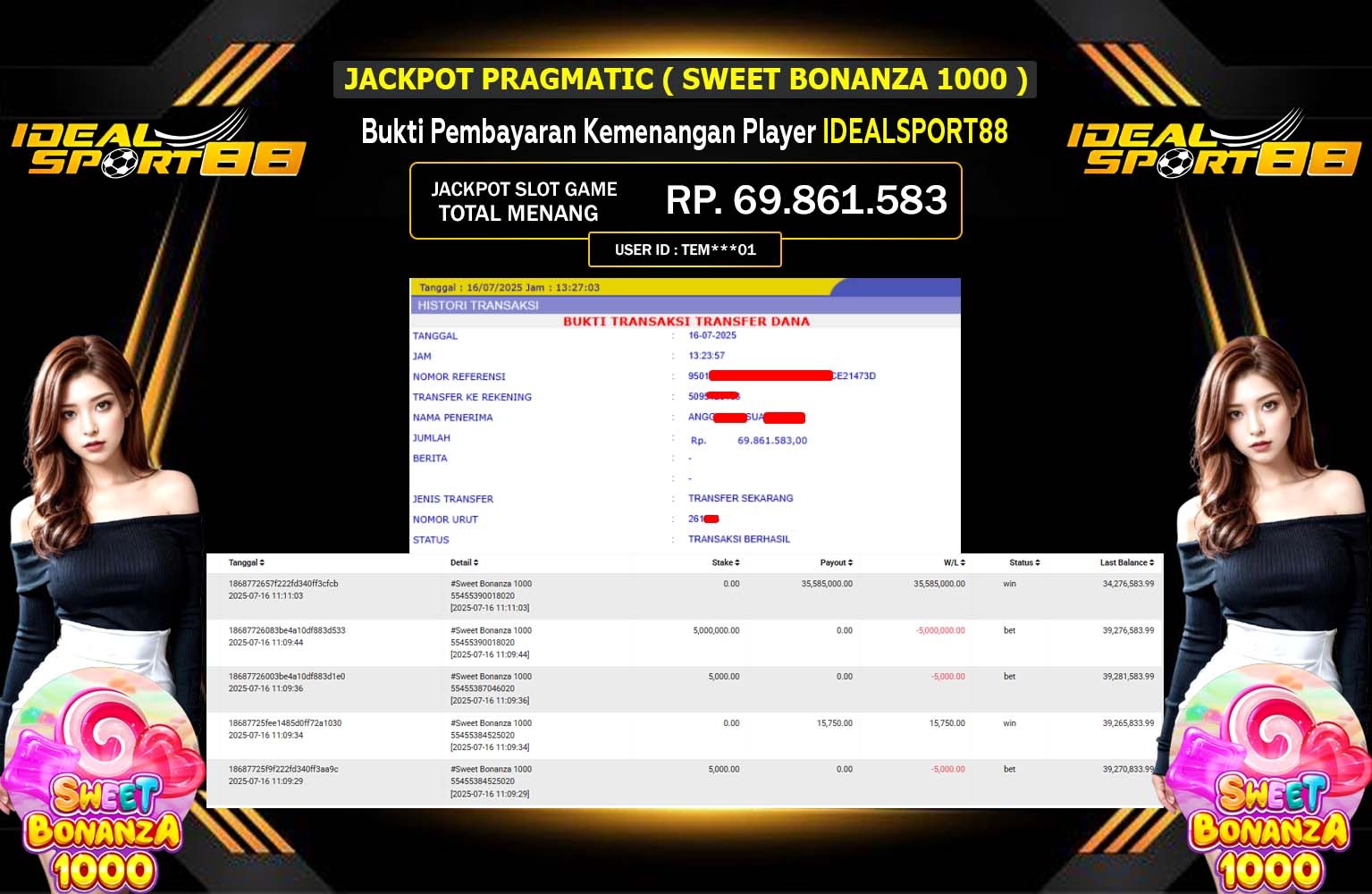 IDEALSPORT88 JACKPOT PRAGMATIC SWEET BONANZA 1000 Rp.69.861.583,- LUNAS