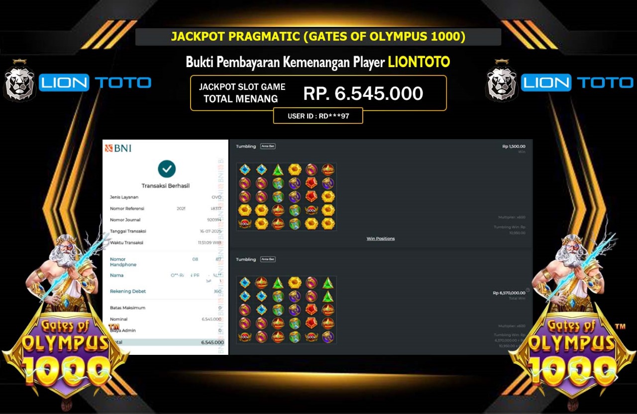 LIONTOTO JACKPOT PRAGMATIC (GATES OF OLYMPUS 1000) Rp.6.545.000,- LUNAS