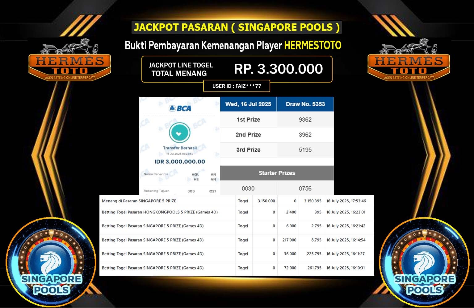 HERMESTOTO JACKPOT TOGEL SINGAPORE POOLS Rp.3.000.000,- LUNAS