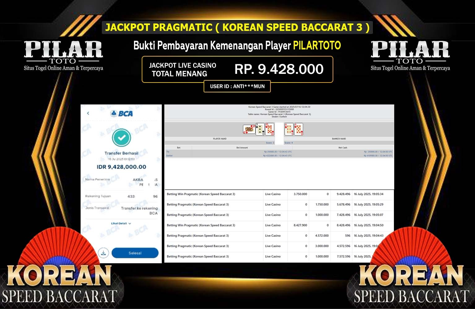 PILARTOTO JACKPOT PRAGMATIC KOREAN SPEED BACCARAT 3 Rp.9.428.000,- LUNAS