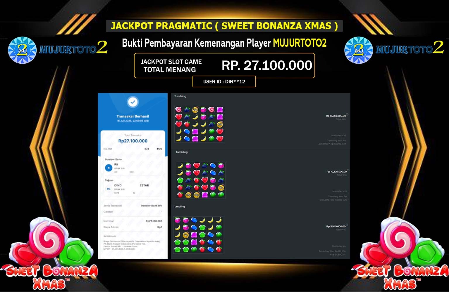 MUJURTOTO2 JACKPOT SLOT PRAGMATIC SWEET BONANZA XMAS Rp.27.100.000,- LUNAS