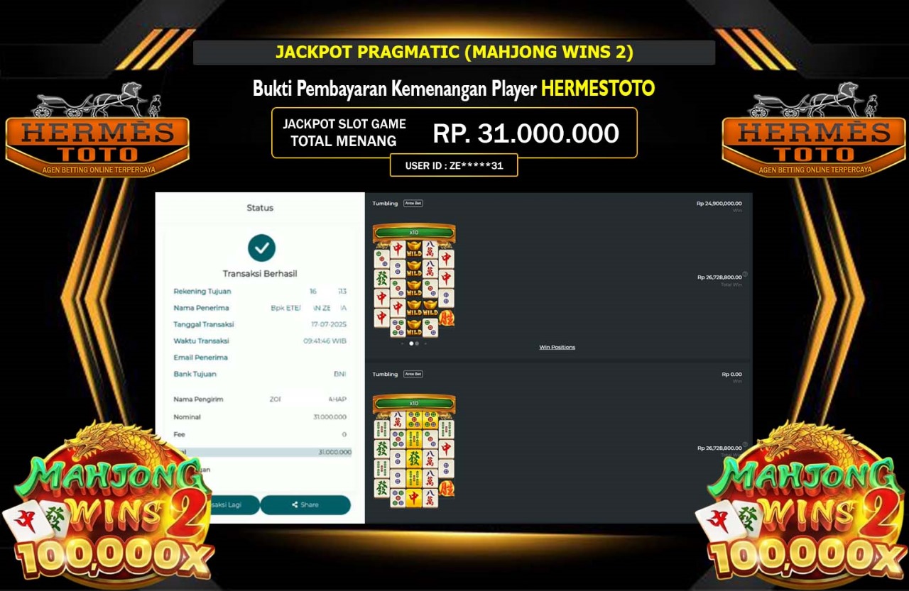 HERMESTOTO JACKPOT PRAGMATIC MAHJONG WINS 2 Rp.31.000.000,- LUNAS