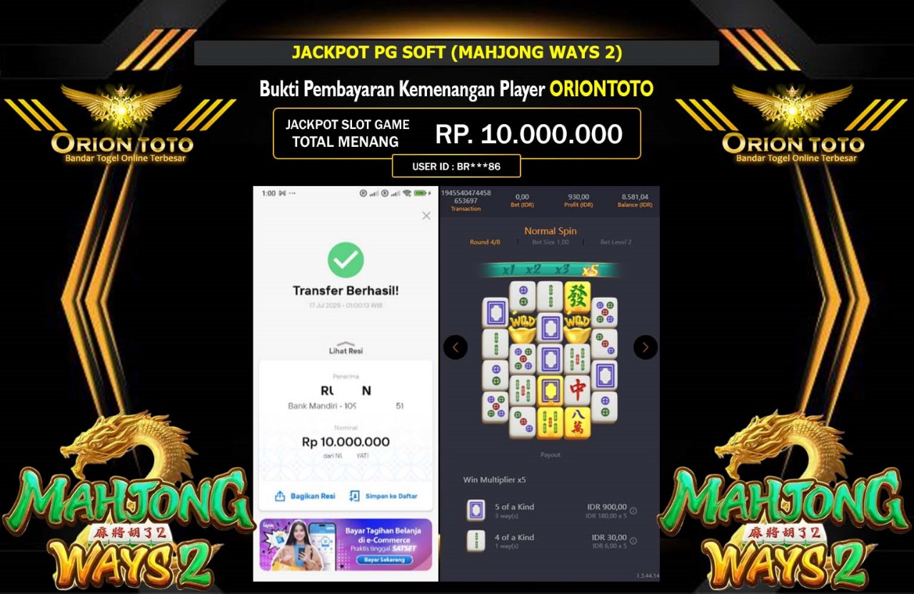 ORIONTOTO JACKPOT PG SOFT MAHJONG WAYS 2 Rp.10.000.000,- LUNAS